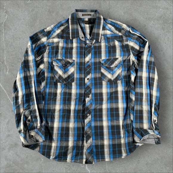 Helix Flannel Shirt Mens XXL Blue Plaid Button Up Shirt Athletic Fit Western - Picture 1 of 7